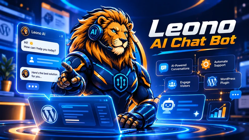 Leono AI Chat Bot: plugin WordPress. Un asistent virtual care răspunde clienților din informațiile tale și îți trimite cererile de contact.