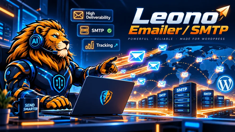 Leono Emailer / SMTP: plugin WordPress. Trimite emailurile din WordPress printr-un furnizor SMTP și vezi ce s-a trimis, ce a eșuat și de ce.
