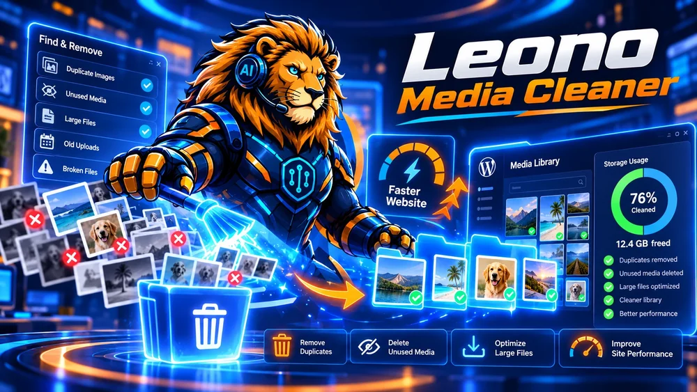 Leono Media Cleaner: plugin WordPress. Găsește fișierele nefolosite din site, le verifici în simulare și le muți în carantină înainte de ștergere.