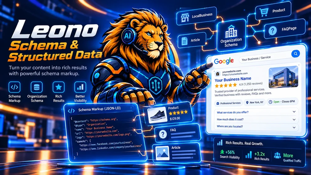 Leono Schema & Structured Data: plugin WordPress. Spune clar motoarelor de căutare și asistenților AI ce reprezintă fiecare pagină a site-ului tău.